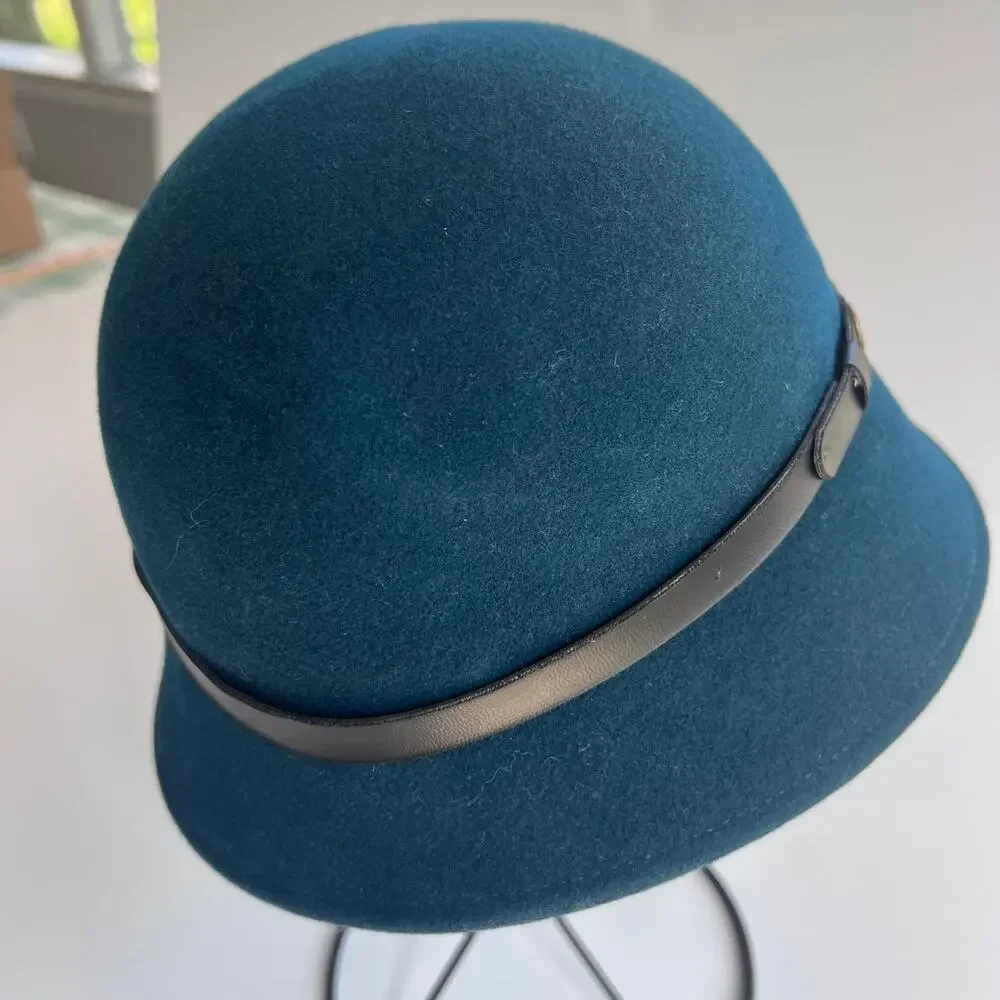 Goorin Bros 100% Wool Cloche Hat Medium Teal Blue Made in USA Leather Band